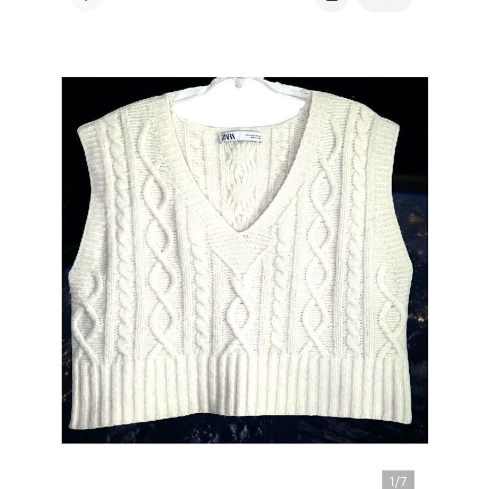 Zara Wool Blend Cable Knit V Neck Sleeveless Sweater in Cream Women’s S